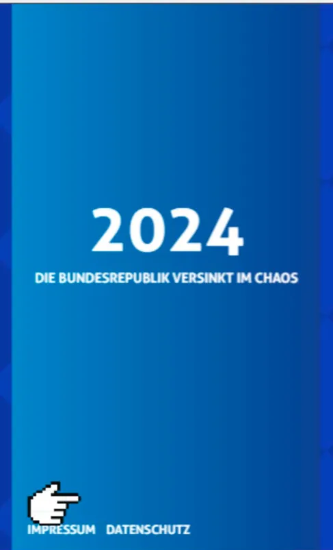 Screenshot auf blauem Hintergrund mit weißer Schrift mit den Worten „2024 DIE BUNDESPOLITIK VERSINKT IM CHAOS"