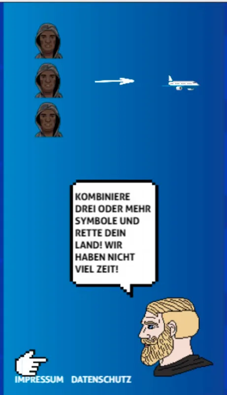 Screenshot mit blauem Hintergrund, auf dem oben drei animierte Schwarze Personen zu sehen sind und einem Pfeil, der auf ein Flugzeug-Emoji zeigt. Darunter ist ein animierter weißer Mann mit einer Sprechblase zu sehen, in der steht „Kombiniere drei oder mehr Symbole und rette dein Land! Wir haben nicht viel Zeit!"