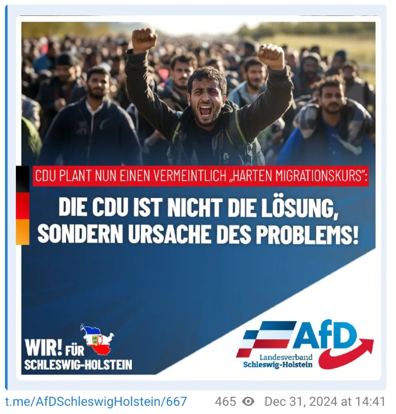 Eine Grafik, auf der oben ein Bild von vielen als bedrohlich dargestellten jungen Männern dunklen Hauttyps, die auf die Kamera zulaufen. Der vordere streckt beide Fäuste in die Luft und hat den Mund zu einem Schrei geöffnet. Mittig steht „CDU plant nun einen vermeintlich „harten Migrationskurs": Die CDU ist nicht die Lösung, sondern Ursache des Problems!" Unten links steht „WIR! für Schleswig-Holstein" und rechts unten ist das Logo des AfD-Landesverbands Schleswig-Holstein abgebildet.