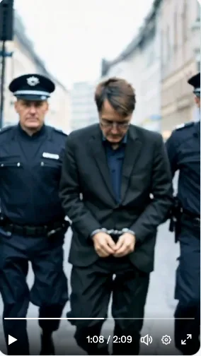 KI-generiertes Bild von Karl Lauterbach, der in Handschellen und mit gesenktem Kopf von zwei Polizist abgeführt.