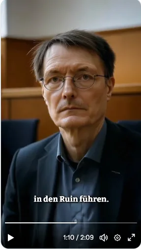 KI-generiertes Bild von Karl Lauterbach im Portrait, wie er in einem gerichtsähnlichen Raum sitzt.