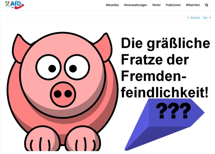 Auf dem Bild sieht man ein Cartoon-Schwein und daneben steht Die gräßliche Fratze der Fremdenfeindlichkeit!