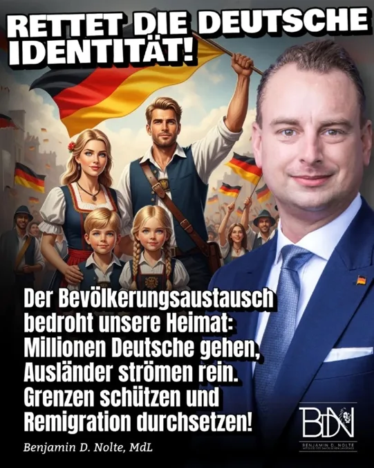 Im Hintergrun sieht man eine Familie aus Mutter, Vater und zwei Kindern, alle blond und in traditionellen Klamotten und der Vater sowie die Menschen im Hintegrund wehen die deutsche Flagge. Rechts ist Benjamin Nolte zu sehen darunter steht Der Bevölkerungsaustausch bedroht unsere Heimat: Millionen Deutsche gehen, Ausländer strömen rein. Grenzen schützen und Remigration durchsetzen!