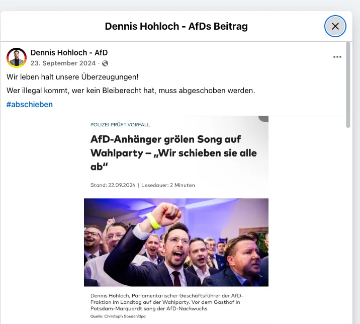 Screenshot eines Posts von Dennis Hohloch -AfD mit der Bildüberschrift „Wir leben halt unsere Überzeugungen! Wer illegal kommt, wer kein Bleibrecht hat, muss abgeschoben werden. #abschieben" darunter ein screenshot eines zeitungsartikels mit dennis hohloch, mit der überschrift afd-anhänger grölen Song auf Wahlparty - „Wir schieben sie alle ab"