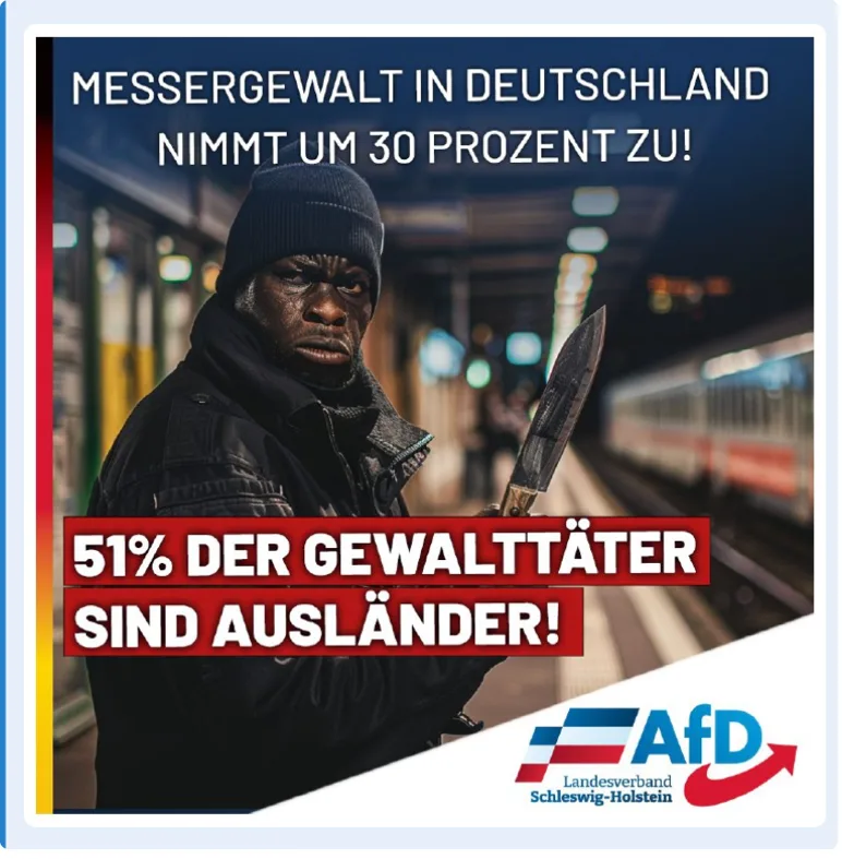 bild von Schwarzer Person mit Messer in der Hand in einer ubahn station „messergewalt in deutschland nimmt um 30% zu! 51% der gewalttäter sind ausländer!