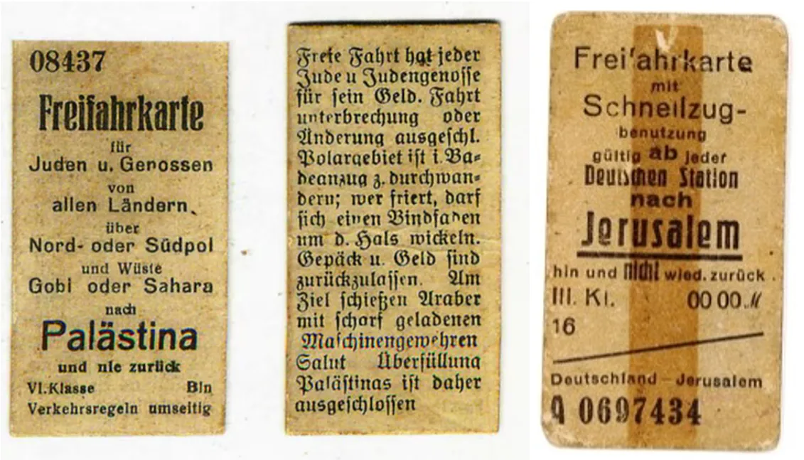 Drei vergilbte Schriftstücke: Links ist ein Dokument, auf dem steht „Freifahrkarte für Juden u. Genossen von allen Ländern über Nord- oder Südpol oder Wüste Gobi oder Sahara nach Palästina und nie zurück VI. Klasse Bln Verkehrsregeln umseitig". Das mittlere Dokument ist die Rückseite des linken Dokuments, auf dem steht „Freie Fahrt hat jeder Jude u Judengenosse für sein Geld. Fahrtunterbrechung oder Änderung ausgeschl. Polargebiet ist i. Badeanzug z. durchwandern; wer friert darf sich einen Bindfaden um d. Hals wickeln. Gepäck u. Geld sind zurückzulassen. Am Ziel schießen Araber mit scharf geladenen Maschinengewehren Salut Überfüllung Palästinas ist daher ausgeschlossen" Auf dem dritten Dokument steht „Freifahrkarte mit Schnellzugbenutzung gültig ab jeder Deutschen Station nach Jerusalem hin und nicht wied. zurück III. Kl."