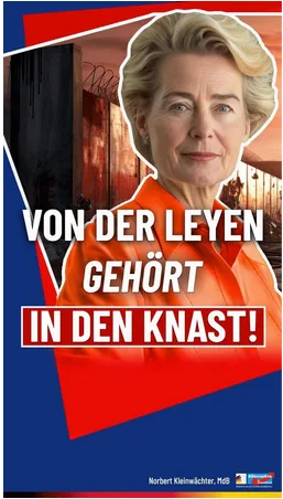 bild von ursula von der leyen und im hintergrund mauer mit stacheldraht „von der leyen gehört in den knast!"