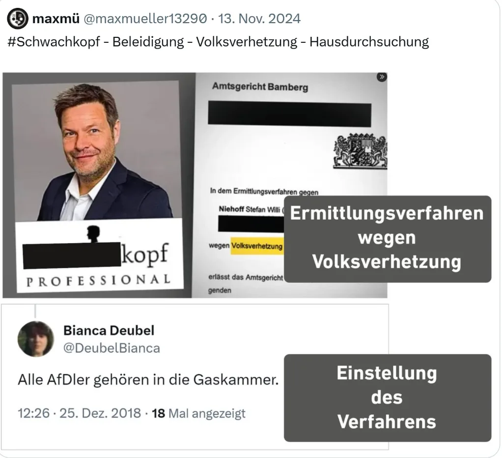 post von maxmüller mit bildüberschrift #schwachkopf-beleidigung-volksverhetzung-hausdurchsuchung bild von robert habeck „ermittlungsverfahren wegen volksverhetzung" dazu im vergleich unten post von bianca deubel „alle afdler gehören in die gaskammer" daneben „einstellung des verfahrens"