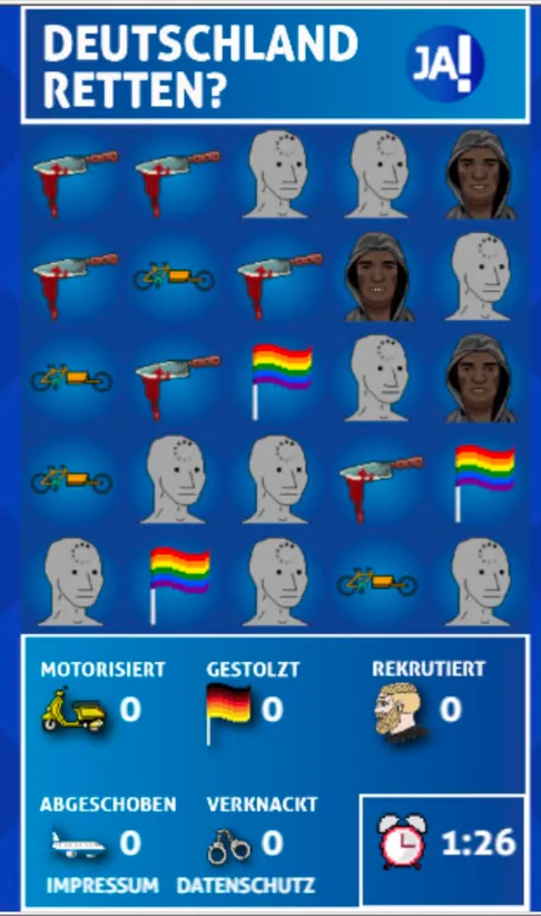 Screenshot mit blauem Hintergrund, auf dem oben steht DEUTSCHLAND RETTEN? JA! Darunter sind verschiedene Symbole zu sehen: blutige Messer, Lastenräder, Pride-Flaggen, eine graue animierte Person, auf deren Stirn ein Ladekreis zu sehen ist und eine animierte Schwarze Person mit Kapuze. Darunter ist eine Leiste, in der steht „MOTORISIERT" und ein Roller-Symbol, „GESTOLZT" und eine Deutschland-Flagge, „REKRUTIERT" und ein Symbol eines weißen blonden Mannes mit Bart, „ABGESCHOBEN" und ein Flugzeug-Symbol sowie „VERKNACKT" und ein Handschellen-Symbol. Daneben ist ein Wecker mit einem Countdown.